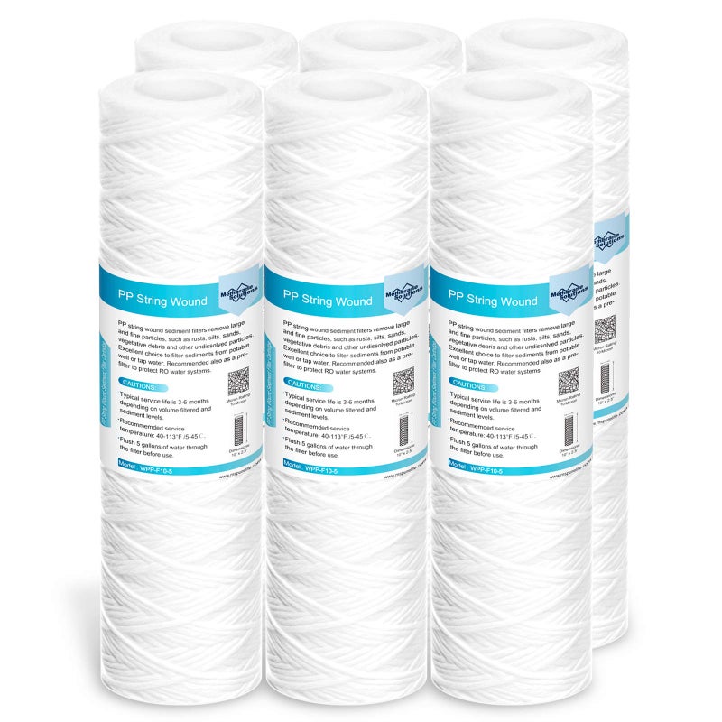 Membrane Solutions 10 Micron 10"x2.5" String Wound Whole House Water Filter Replacement Cartridge Universal Sediment Filters for Well Water - 6 Pack - Image 1
